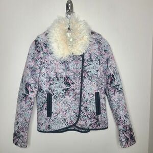Elevenses Anthropologie Faux Fur Collar Moto Jacket 2 Pink Paisley Fairy Grunge